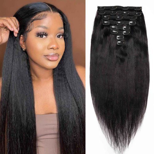 Yaki Straight Clip in 20inch Hair Extensions, 120G Full Head Real Human Hair Clip for Women Seamless Yaki Clip ins Hair Extensions for Thin Hair Natural Black 8Pcs Hair Pieces with Secure Clips