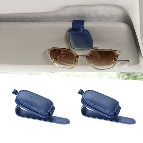 Yuoyar Sunglass Holder for Car, Magnetic Leather Sunglasses Holder and Ticket Card Clip, Car Visor Accessories, 2 Packs (Blue)