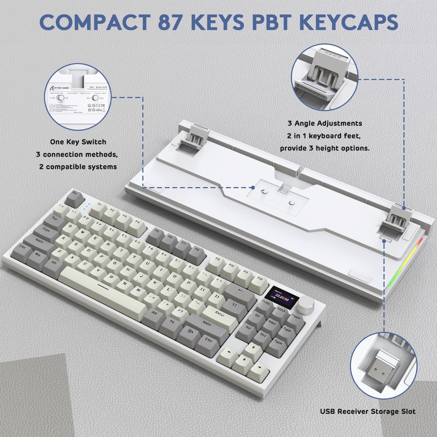 RK86 RGB 75% Wireless Gasket Mechanical Keyboard,Triple Mode Bluetooth5.0/2.4G/USB-C 82 Keys Hot Swappable Gaming Keyboard 4000 mAH Battery w/Knob & 1.2'' HD OLED Display,Custom Linear Switches