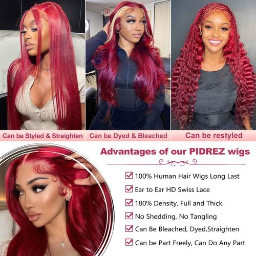99j Burgundy Lace Front Wigs Human Hair 20 Inch Body Wave Lace Front Wigs Pre Plucked 180 Density 13x6 HD Burgundy Wig,100% Real Human Hair No Synthetic Blend No Tangle No Shedding Triple Lifespan 3X