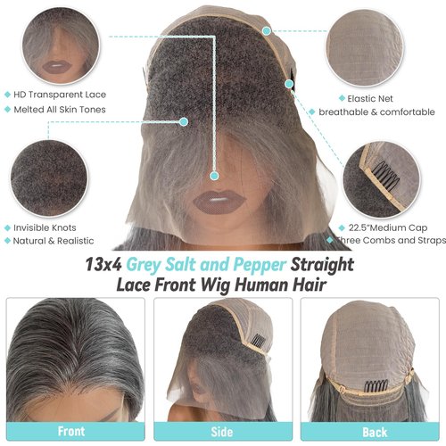 Salt and Pepper Gray Wigs Human Hair for Black Women Soft Straight 13x4 HD Lace Frontal Wig Dark Hair with White Highlighted Wigs Salt & Pepper Wig Human Hair 180% Density Pre Plucked 26 Inch