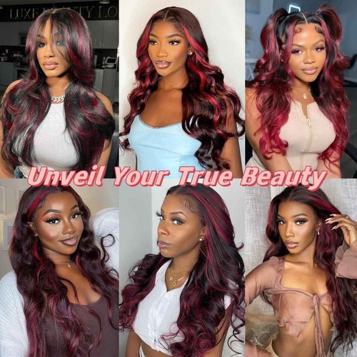 KeepMe Burgundy Lace Front Wigs Human Hair 1B/99J Highlight Wig Human Hair 13x4 Body Wave Lace Front Wigs Human Hair Pre Plucked 200% Density Red Wig Human Hair for Women 18 Inch