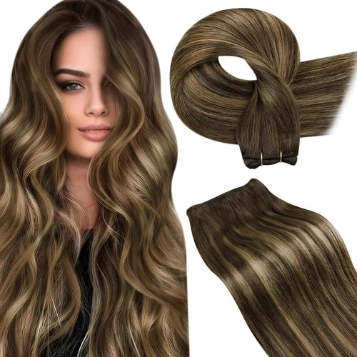 LaaVoo Sew in Hair Extensions Real Human Hair Brown Weft Hair Extensions Human Hair Brown Hair Sew in Extensions for Women Long Hair 22 Inch 100g