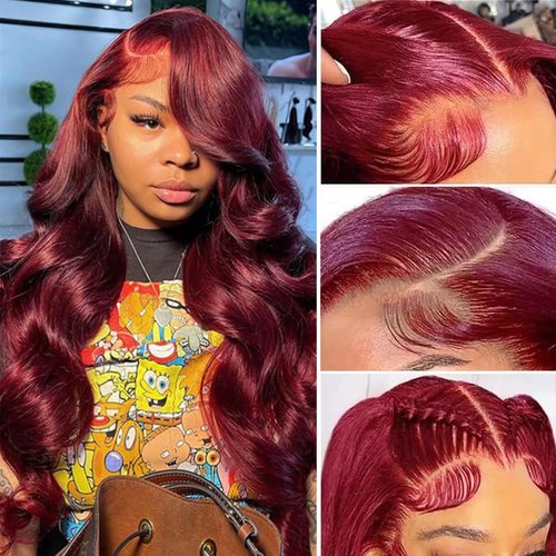 Burgundy 13x4 Lace Front Wigs Human Hair Body Wave Glueless Wine Red 99j Colored Pre Plucked with Baby Hair 180% Density HD Transparent Lace Frontal Wigs for Women (20", Burgundy)