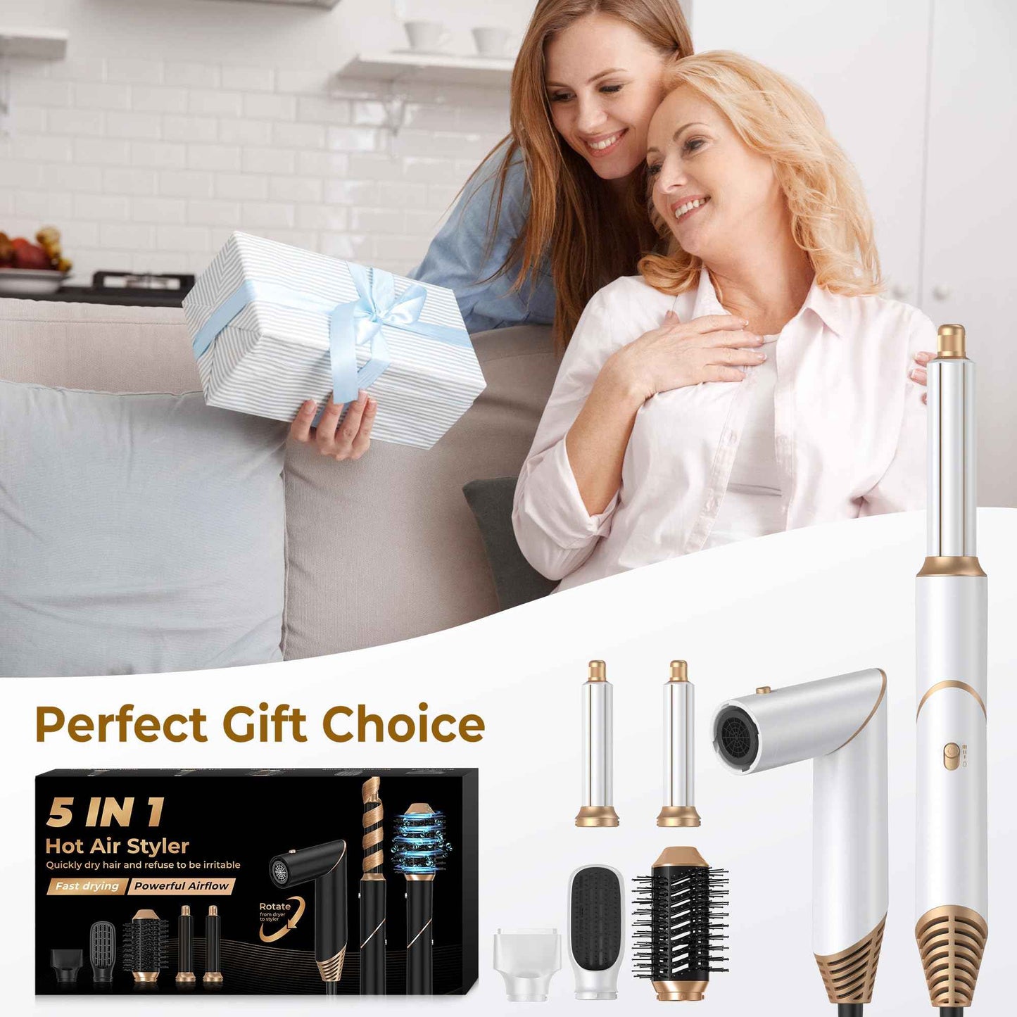 5 in 1 Blow Dryer Brush,Hair Dryer Brush with Detachable Air Styler,Negative Ionic Magic Hair Styler,Hot Air Brush for Women Volumizer,Straightener,Drying