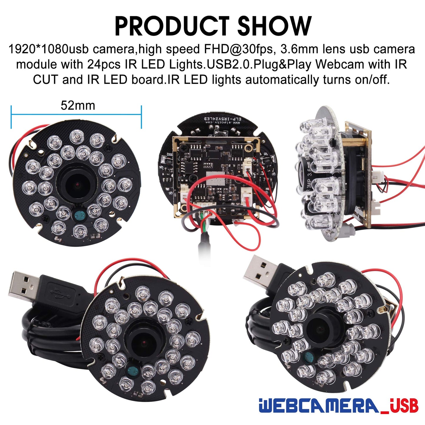 1080P Day Night Vision USB Camera Module IR Infrared Webcam Board 3.6mm Lens Wide Angle PC Camera Mini UVC USB2.0 Lightburn Camera High Speed 100fps Industrial Video USB with Camera for Computer