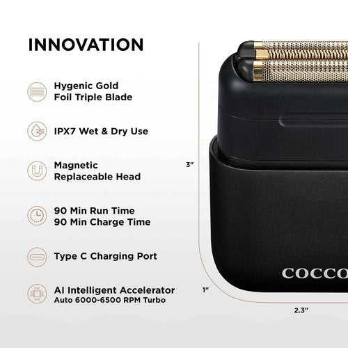 COCCO IMPACTO Shaver, Hygienic Gold Foil Triple Blade, White, Wet & Dry Use, Magnetic Replaceable Head, Intelligent Accelerator, 90 Min Run Time (Black)