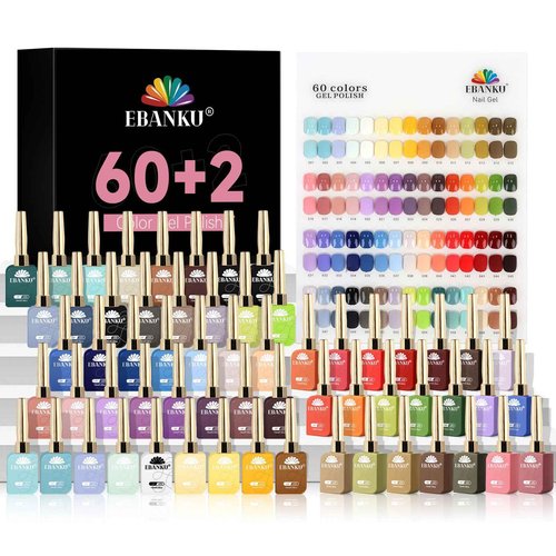 EBANKU 60 Colors Gel Nail Polish Set Same Color Same Bottle with No Wipe Base Top Coat Soak Off Gel Polish Kit Nail Art Manicure Salon DIY at Home for Women