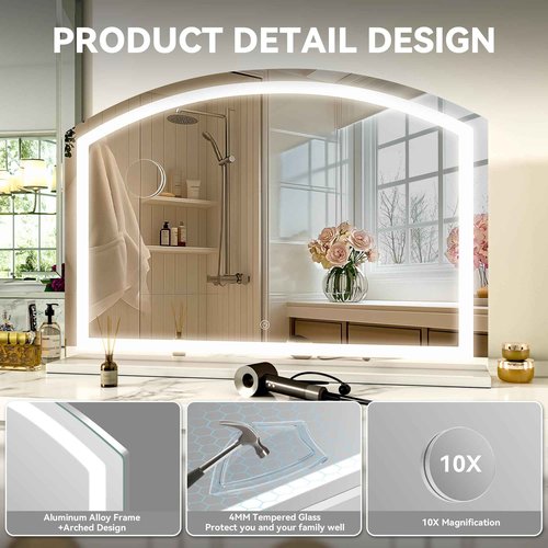 Hasipu Arch Vanity Mirror with Light, 32" x 24" Arched Led Makeup Mirror with 10X Magnification, Tabletop Desk Mirror, Dimmable 3 Colors Mode