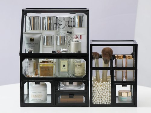 MOOCHI Black 3 Pieces Makeup Organizers for Vantity, glass, Skin Care Organizer, Drawers,Brush Organizer,Countertop Cosmetics Storage Display Case