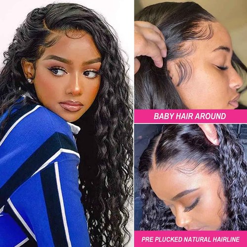 YEECHAEN Water Wave Lace Front Wigs Human Hair 180% Density 13x4 HD Lace Frontal Wigs Pre Plucked with Baby Hair Wet and Wavy Curly Frontal Human Hair Wigs for Women Natural Color (18inch)