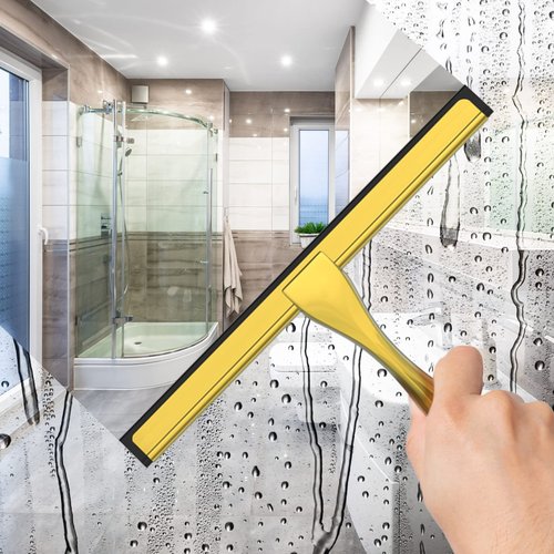 All-Purpose Stainless Steel Shower Squeegee for Shower Doors with 2 Adhesive Hooks, Bathroom Cleaner Tool Household Window Mirror Squeegee for Home Cleaning, Glass Door, Tile Wall, Car, 10 Inch Golden
