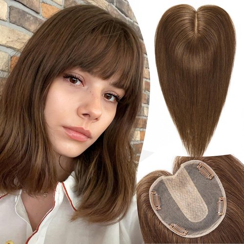 EMMOR Real Human Hair Topper for Women, Breathable Handmade Base with 3 Non-Slip Clips,100% Human Hair for Women, Top Hairpieces for Thinning Hair & Natural Looking