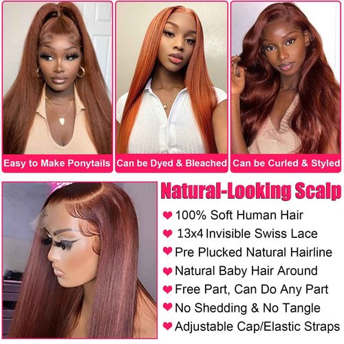 Queen Story 26 Inch Reddish Brown Lace Front Wigs, 13x4 Straight Lace Front Wigs Human Hair Pre Plucked With Baby Hair - HD Lace Frontal Wigs Glueless Wigs 180% Density