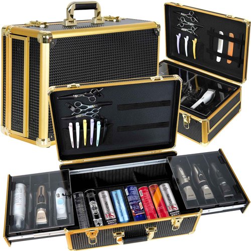 HAPPYPOSH Barber Case Organizer, Barber Briefcase Tool Box, Barber Carrying Case, Large Barber Cases for Clippers and Supplies, Travel Hair Stylist Tools Storage, Luxury Gold & Black