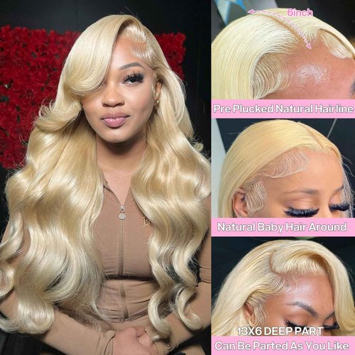 Pangm 613 13x6 Lace Front Wig Human Hair 200 Density HD Body Wave Blonde Lace Front Wigs Human Hair Pre Plucked Lace Frontal Wig 13x6 Blonde Wig Human Hair 26 Inch