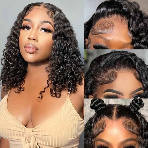 Short Curly Bob Wig Human Hair 13x4 Water Wave Bob Wigs 200 Density HD Transparent Lace Frontal Wigs Deep Wave Curly Bob Wig Hair 14 Inch