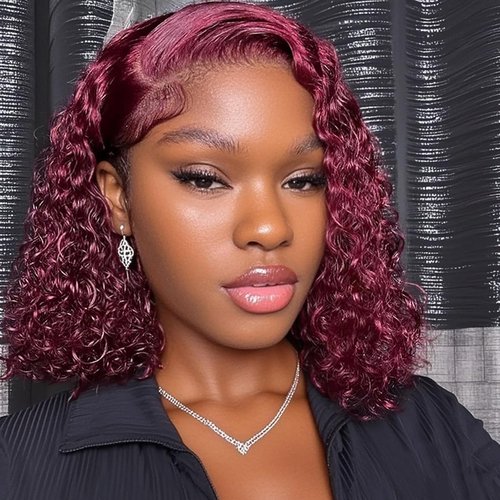 Realloves 12 Inch 99J Burgundy Deep Wave Curly Bob Wig for Black Women 180% Density Human Hair 13x4 HD Lace Front Wigs