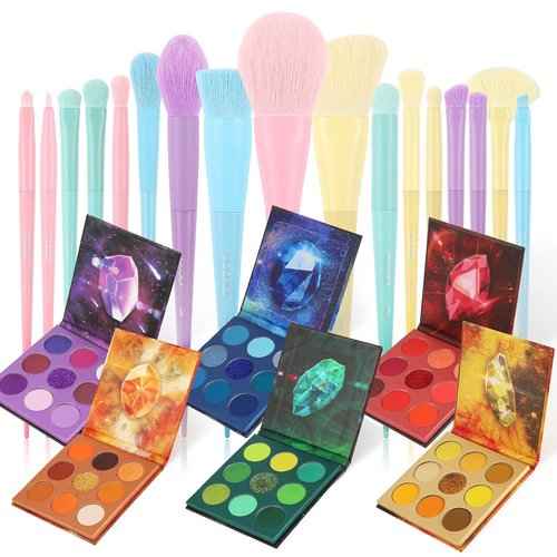Docolor 17Pcs Colourful Makeup Brushes Set + 54Colors Gemstone Eeyshadow Palette Ultra Pigmented Matte Shimmer Metallic Natural Blendable Cream Powder Long Lasting Waterproof Make Up Eye Shadow
