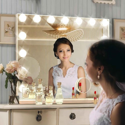 Ratsamee Hollywood Vanity Mirror with Lights, 15 Dimmable Bulbs, 3 Color Lights,Make Up Lighted Mirror, Aluminum Metal Frame, USB Charging Port（23" x 18"）