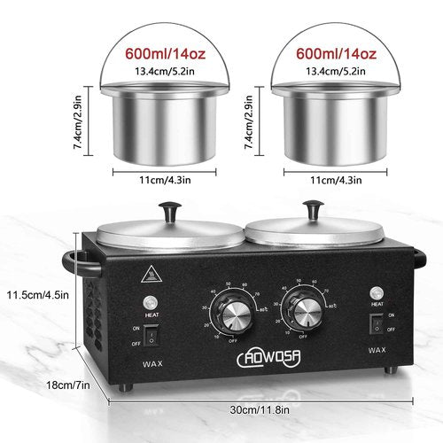 Professional Hair Removal Kit - Wax Warmer Machine with Double Pot, Large Capacity for Spa Salon and Home Use, Non-Stick Easy Clean Pots, 50 Sticks & 20 Collars (Black)