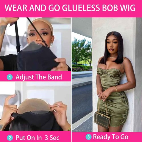 5x5 Wear and Go Glueless Bob Wig Human Hair HD Lace Closure Straight Bob Wig for Beginners 12 Inch Short Bob Glueless Wigs 220% Density Pre Cut Free Part for Women
