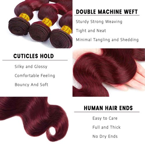 Burgundy Bundles Body Wave Human Hair Bundles 14 16 18 Inch #99J Bundles Human Hair Extension Wine Red Unprocessed Virgin Hiar 3 Bundles 300g Total For Women