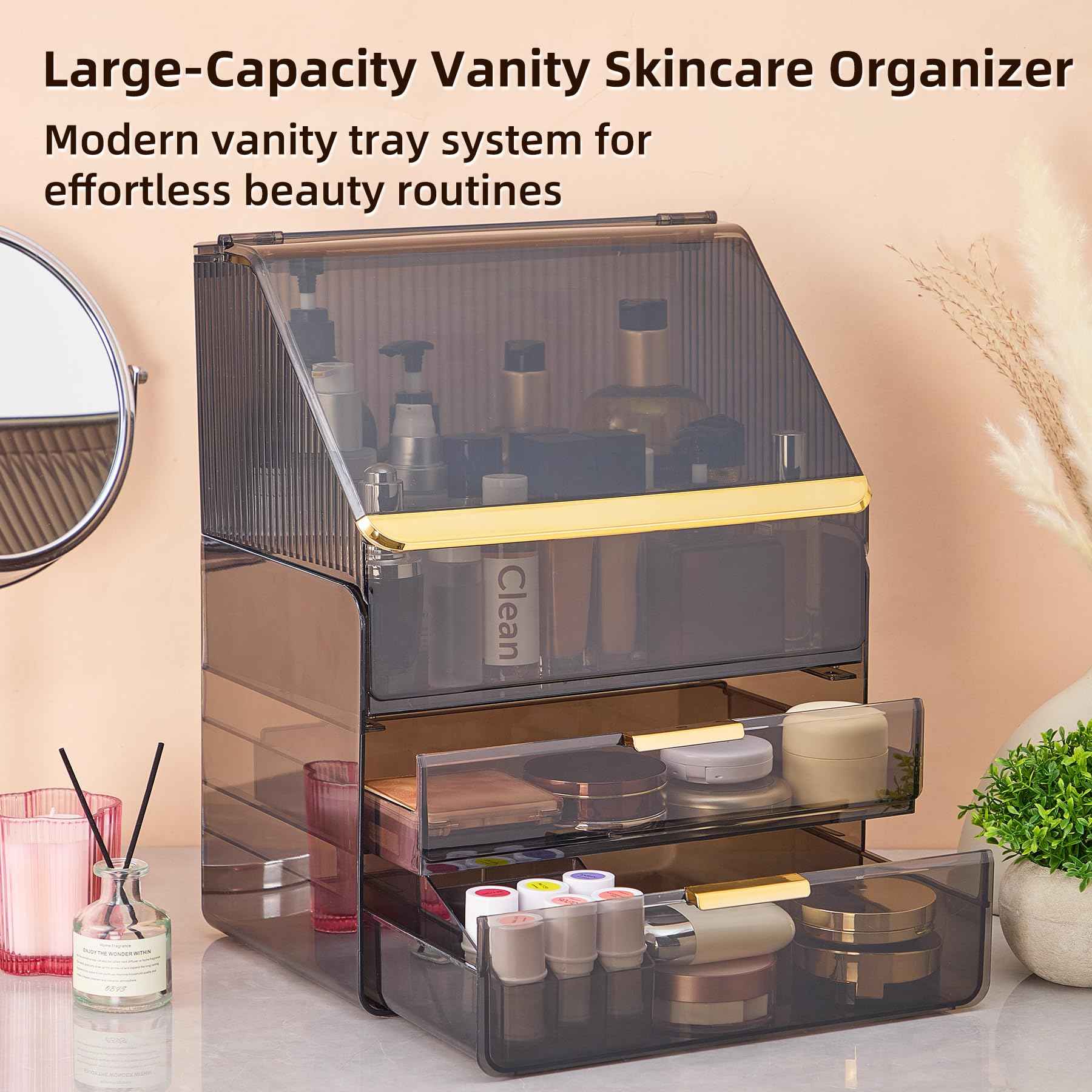 Large Cosmetic Organizer with Lipstick Holder Fully Transparent with Drawers, Dustproof Waterproof Bathroom Counter Storage for Skincare Lipstick Makeup Brushes(Black)
