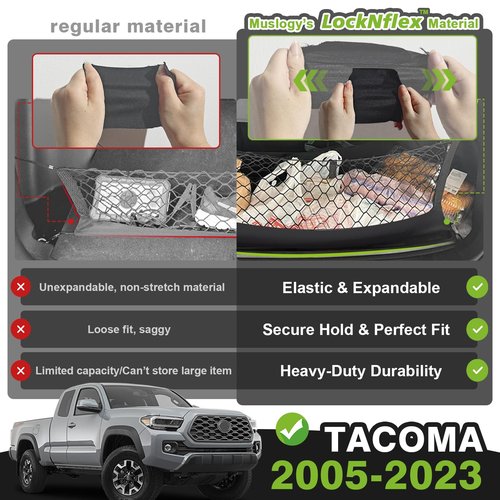Muslogy Truck Bed Cargo Net Compatible with Toyota Tacoma 2005-2022 2023 Accessories Storage Organizer Pickup Truck Bed Envelope Style Cargo Net with Heavy Duty Carabiner