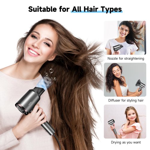 Hair Dryer with Diffuser, 150000RPM Professional High-Speed Negative Ionic Care Blow Dryer, Heat-Control, Fast Drying, Low Noise with Magnetic Diffuser and Nozzle for Women & Men, HD Display (Gray B)