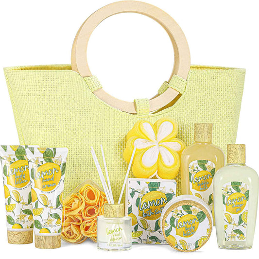 Green Canyon Spa Lemon Scent Home Bath Gift Sets in Tote Bag - 10 Pcs Spa Kit for Women for Valentine's Day, Mother's Day, Birthday