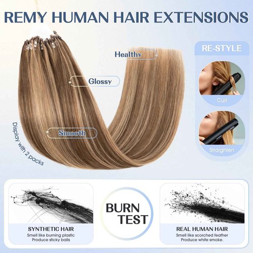 Hairro Microlinks Hair Extensions Highlighted Balayage Micro Bead Ring Loop Tipped Hair Seamless Straight Real Human Hair For Women 24 Inch 50g 50 Strands #4P27 Medium Brown mix Dark Blonde