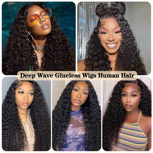 Wear and Go Glueless Wigs Human Hair Pre Plucked Pre Cut 5x5 HD Closure Wigs Human Hair Deep Wave Lace Front Wigs for Black Women 210% Dentisy 12A Deep Curly Glueless Wig Bleached Knots (24 Inch)