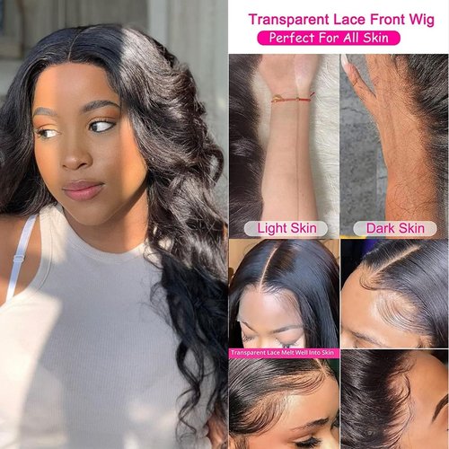 OiMiGO Natual Black Body Wave HD Lace Front Wigs Human Hair,180% Density Pre Plucked 13x6 Transparent Bleached Knots Wigs Brazilian Human Hair Lace Frontal Wigs Human Hair for Women (20Inch)