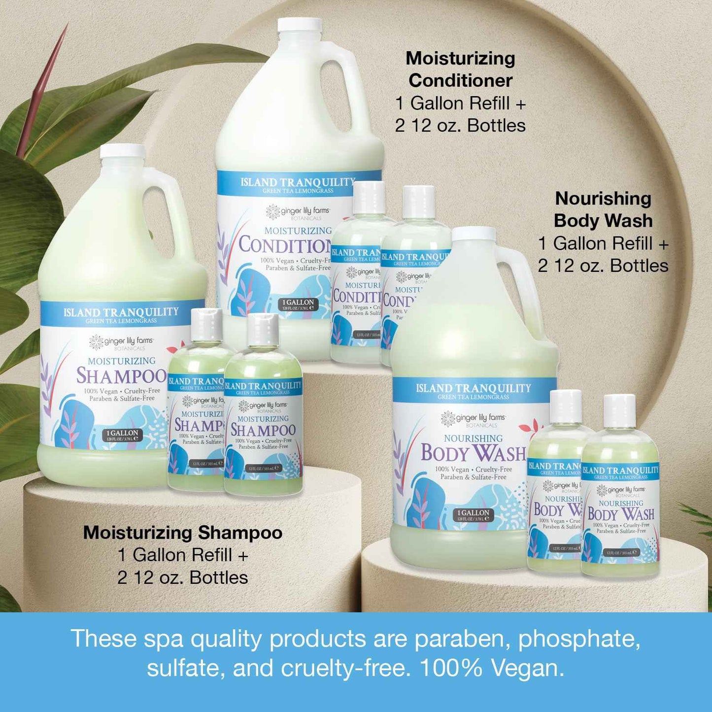 Ginger Lily Farms Botanicals Hospitality Kit, Island Tranquility, 9-Pc Set Includes Shampoo, Conditioner & Body Wash, 100% Vegan & Cruelty-Free, Green Tea Lemongrass Scent