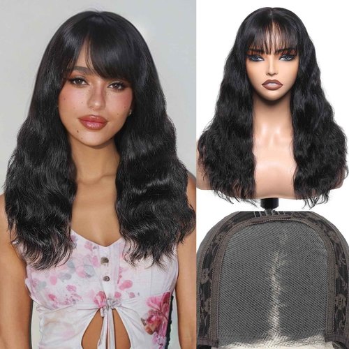 WIGNEE 4x4 Lace Human Hair Wig with Bangs Natural Wave Human Hair Wigs for White Women 16 Inch Glueless Wig With Bangs Human Hair Bang Wig 100% Brazilian Human Hair for Daily Use