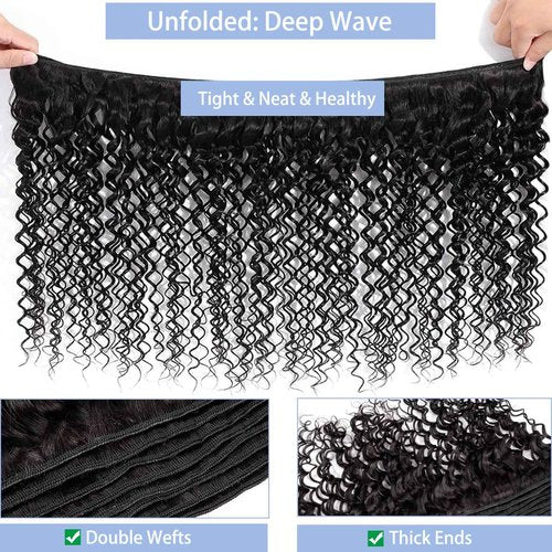 Deep Wave Human Hair Bundles 18 20 22 Inch Deep Curly Bundles Human Hair 12A Unprocessed Brazilian Virgin Weave 3 Bundles Real Human Hair Extensions 1B Natural Black Bundle for Women