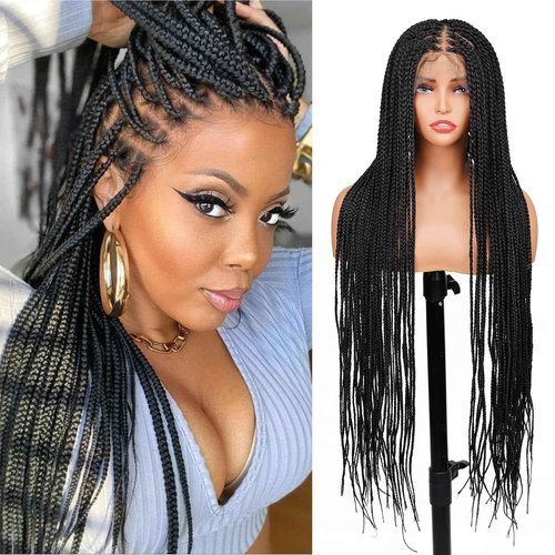 Top Remy Box Braided Wigs For Women 36"" Full Double Lace Braided Wig With Baby Hair Large Square Knotless Long Braided Wigs Synthetic Handmade Full Lace Braided Wig, Black