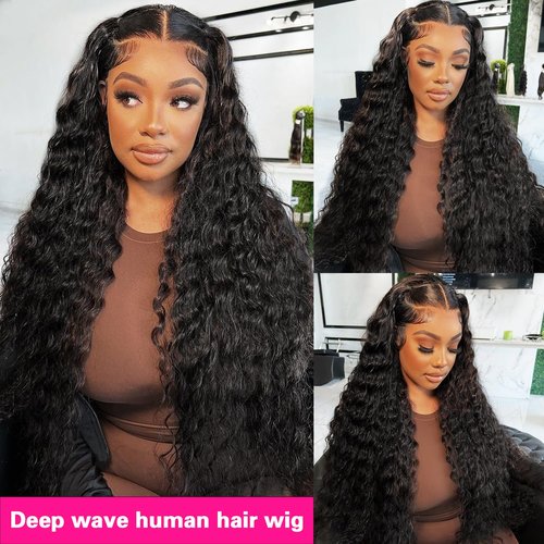 Buildxin Deep Wave Lace Front Wigs Human Hair Pre Plucked 13x6 HD Transparent Lace Frontal Wigs Natural Color Glueless 200% Density Human Hair Wig for Black Women 22 Inch
