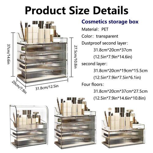 DASITON Clear Dustproof Four layers Storage Box,Makeup Brush Holder,Large Capacity Desktop Storage Box with Drawer,for Beauty Products,Perfume,Jewelry,Nail Polish