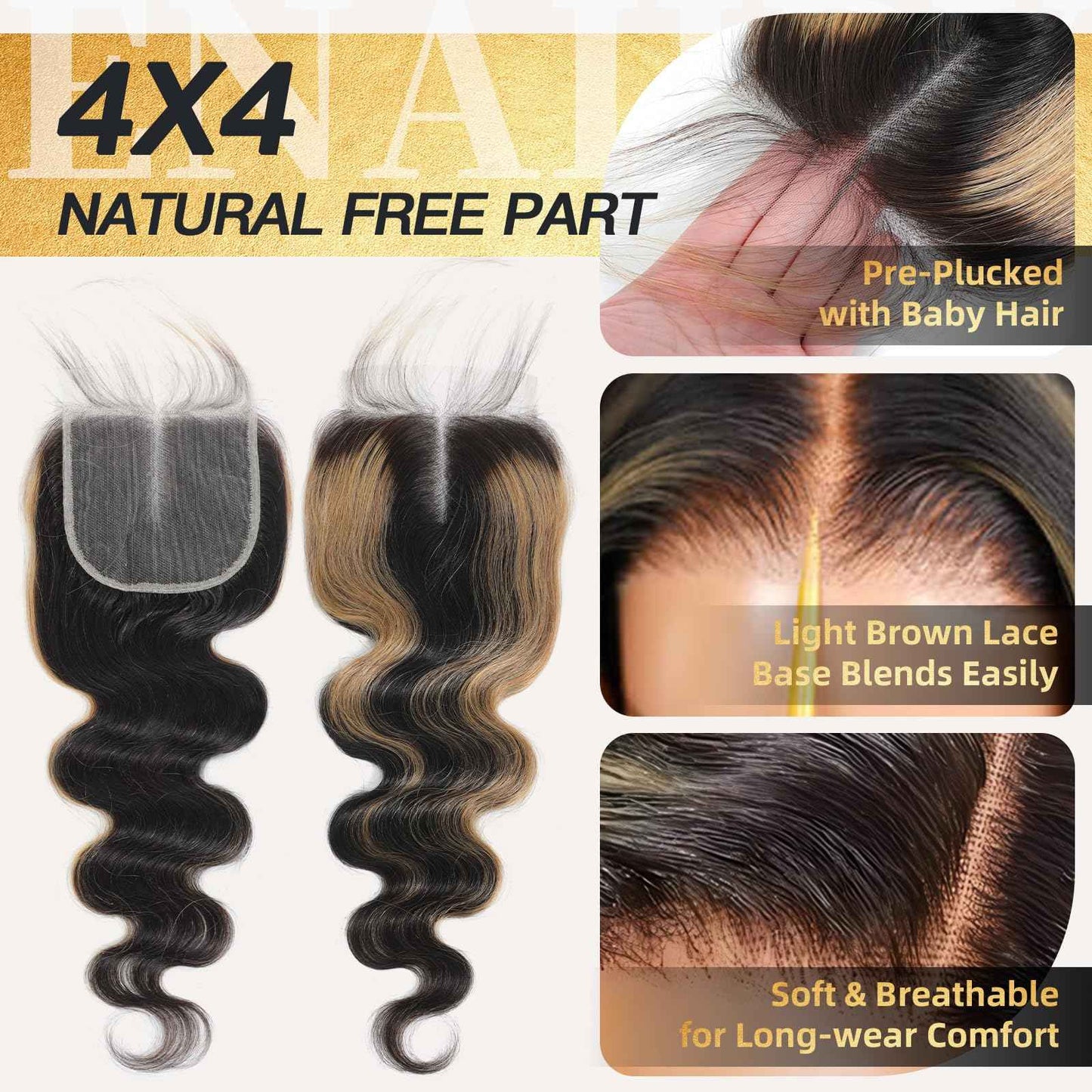 Honey Blonde Bundles with Closure Highlights Body Wave, 3 Highlighted Bundles with 4x4 Closure Human Hair, Ombre Balayage Piano Color Sew In Weaves 12A Brazilian Virgin Remy Hair 10 12 14+10 Inch