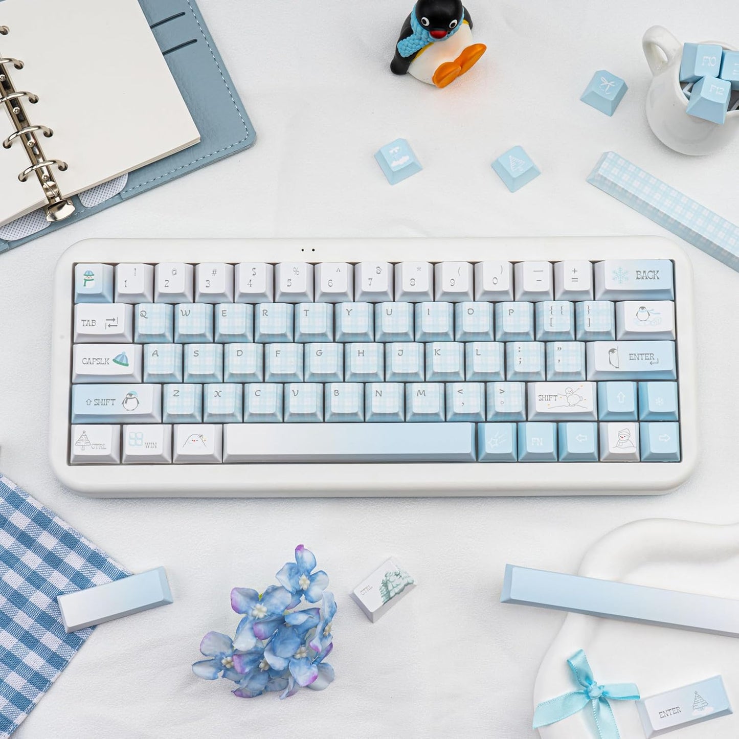 145 Keys PBT Keycap Cherry Profile, Light Blue White Black Bow Aesthetic Dye Sublimation Gaming Custom Keycaps for ANSI/ISO Layout Mechanical Keyboards