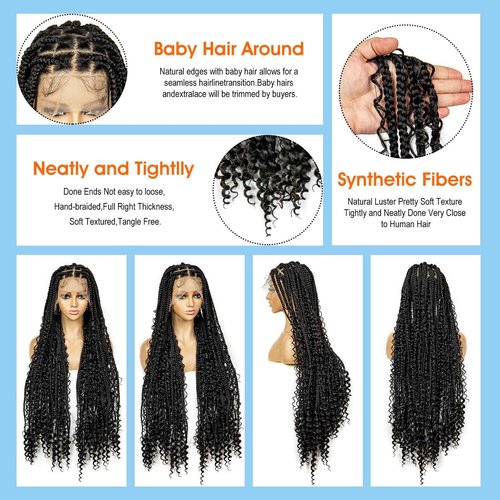 Braided Wigs for Black Women Full Lace Knotless Box Braided Wavy Wave Loc Wig Synthetic Lace Front Braided Wigs with Baby Hair Handmade Faux Locs Wig