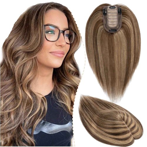 SLEEKALON Human Hair Topper - 150% Density Silk Base Brown Ombre Blonde - No Bangs - Wig Clips (12 Inch, 4P27#)