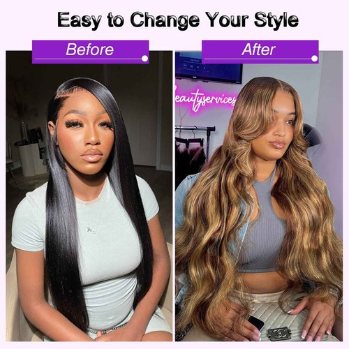 Vallbest Ombre Human Hair Bundles with Closure 14 16 18 +12 Inch Highlight Blonde Bundles Human Hair 4/27 Brown Body Wave with 4x4 Closure 12A Brazilian Virgin Remy Weave Raw Hair Extensions