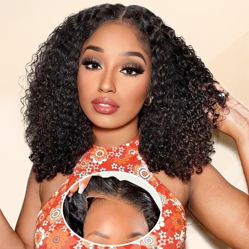 Put On and Go Glueless Wigs Human Hair Pre Plucked Pre Cut Lace Closure Wigs for Black Women 200% Density Glueless Deep Curly Bob Wig Human Hair 30 Seconds Install for Beginners Natural Color 14 Inch