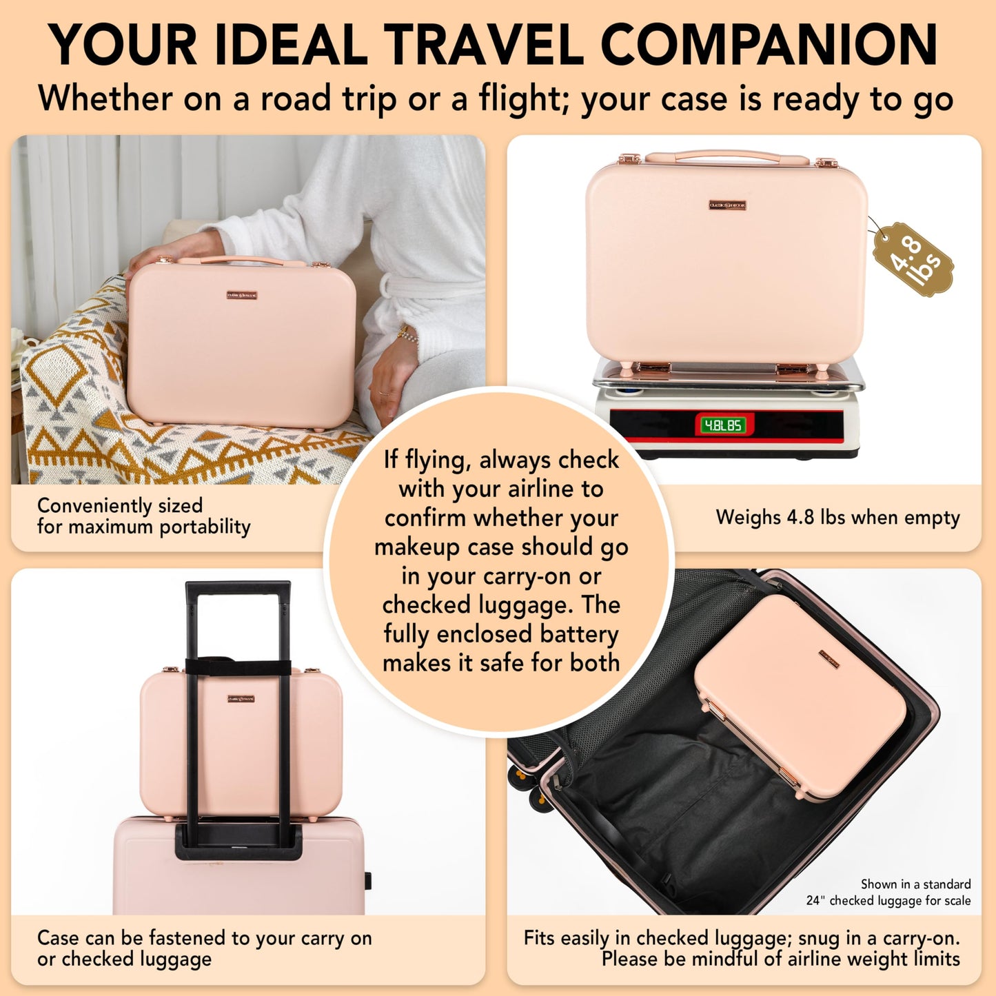 Lighted Makeup Case with Mirror - Large Size 13.4" x 10.2" - Travel Makeup Case With Mirror - Rechargeable LED Travel Vanity Case with Adjustable Brightness - Train Case Makeup Bag - Pink