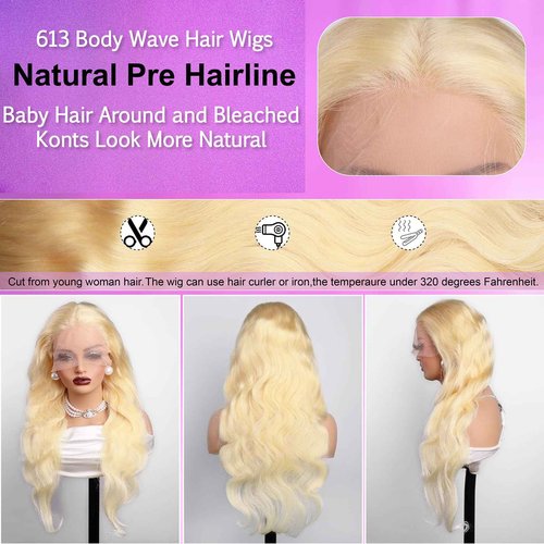 613 Blonde 13x6 HD Lace Front Wigs Body Wave Human Hair 613 Blonde Body Wave 13X6 HD Lace Frontal Wigs Pre Plucked with Baby Hair Loose Wave Wig Human Hair Daily Wear Wig for Women 24 Inch