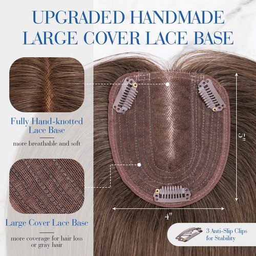 S-noilite Human Hair Toppers for Women, 100% Real Human Hair, 4x5 Inch Lace Base, Natural Brown, 12 Inch