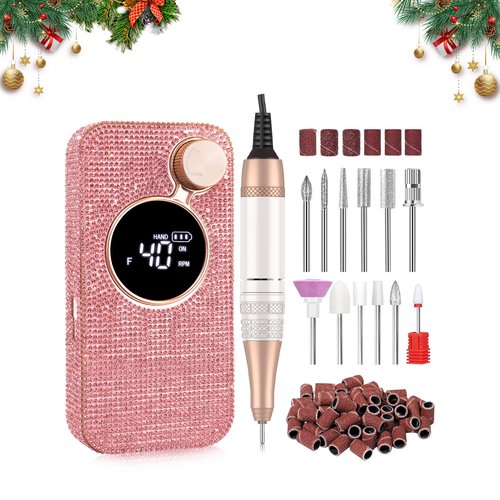 CHRISTINE SHELLY Electric Nail Drill,40000RPM Cordless Nail File Diamond with 12 Drill Bits for Acrylic Nails Gel Polishing,E File Nail Kit Machine for Manicure Salon Home (Pink Diamond)